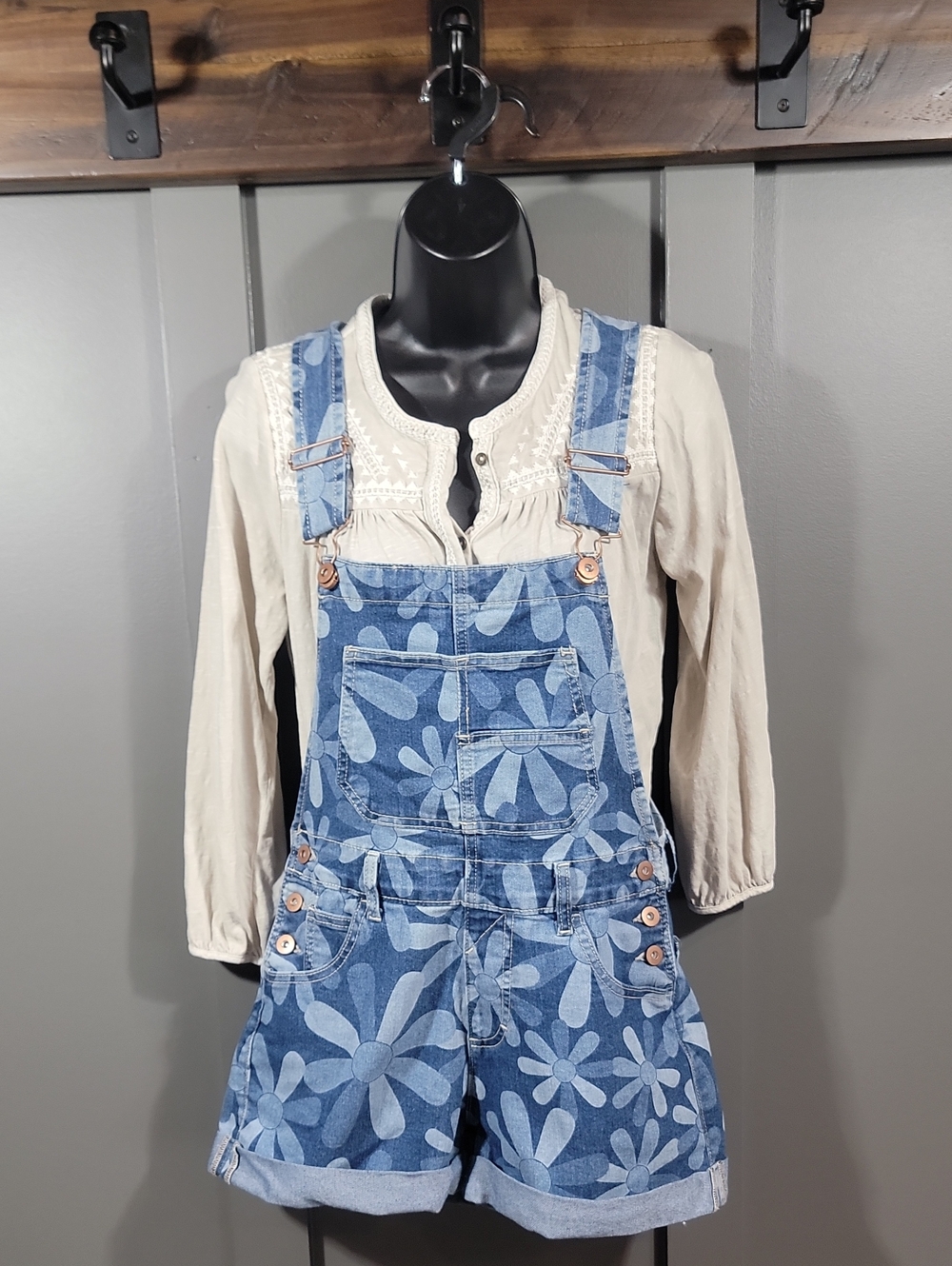 No Boundaries Blue Floral Denim Short Overalls